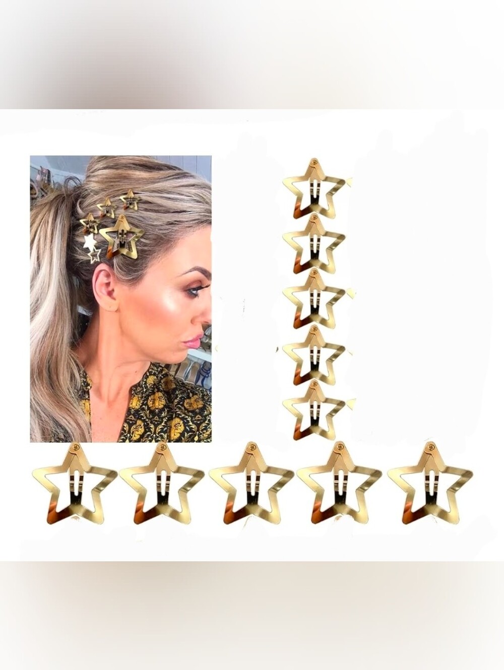 10pc Gold Star Snap Hair Clips - Assorted Sizes BNIB